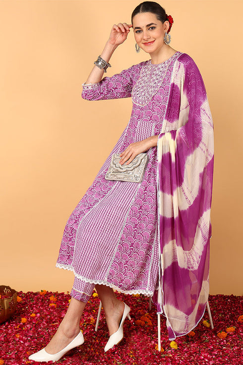 Plus Size Purple Viscose Rayon Yoke Design Flared Suit Set